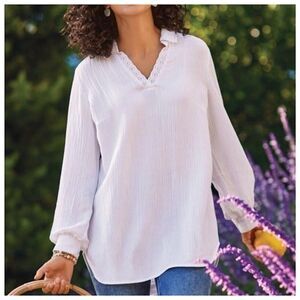 Soft Surroundings Regatta Gauze Tunic Top Women Sz XL White Crinkle V-Neck